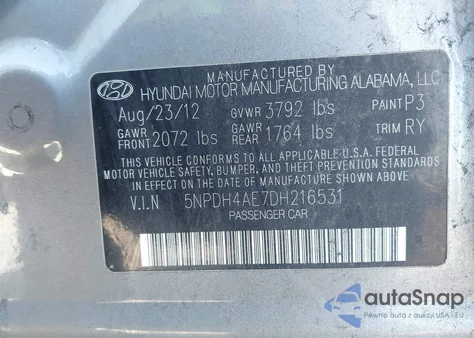 2013 Hyundai Elantra Limited z USA, uszkodzony, nr VIN 5NPDH4AE7DH216531